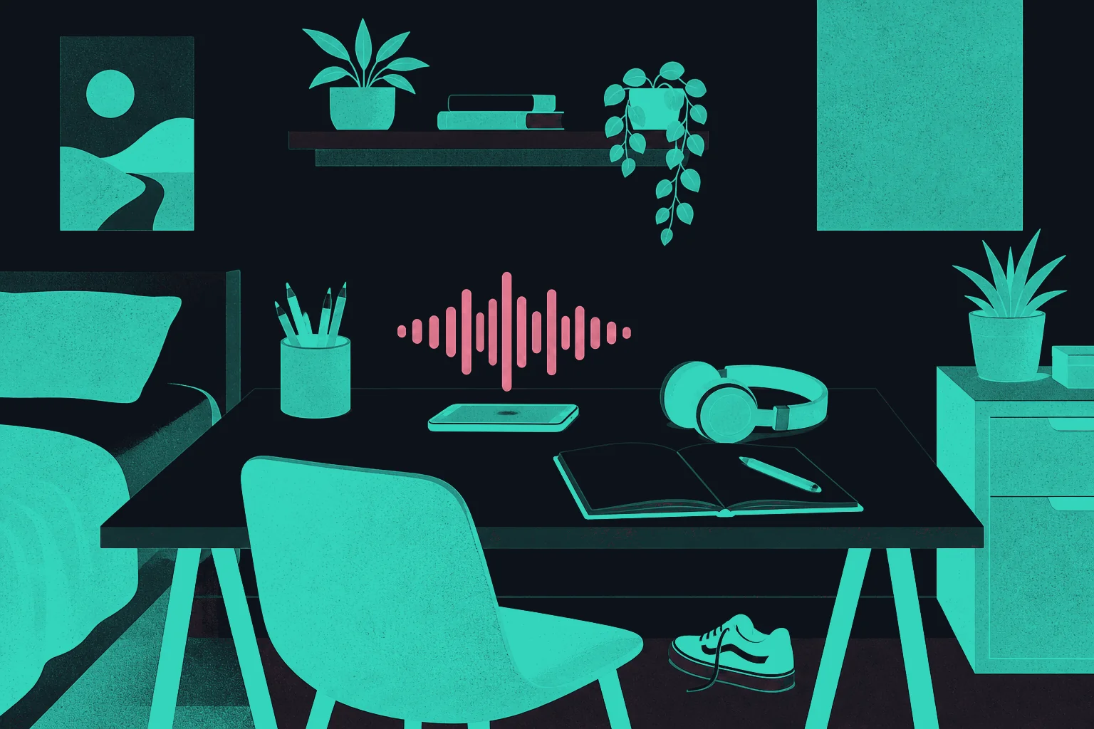 Schreibtisch im Jugendzimmer: über dem Smartphone steht eine Sprach-Wellenform, daneben Kopfhörer und ein offenes Heft