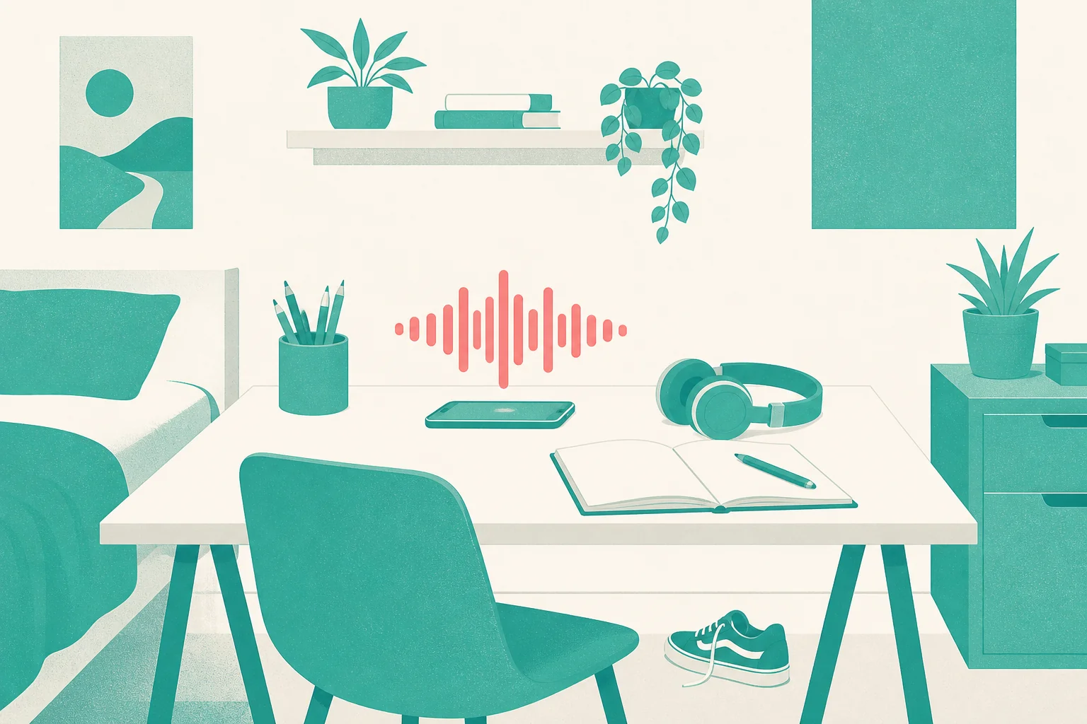 Schreibtisch im Jugendzimmer: über dem Smartphone steht eine Sprach-Wellenform, daneben Kopfhörer und ein offenes Heft