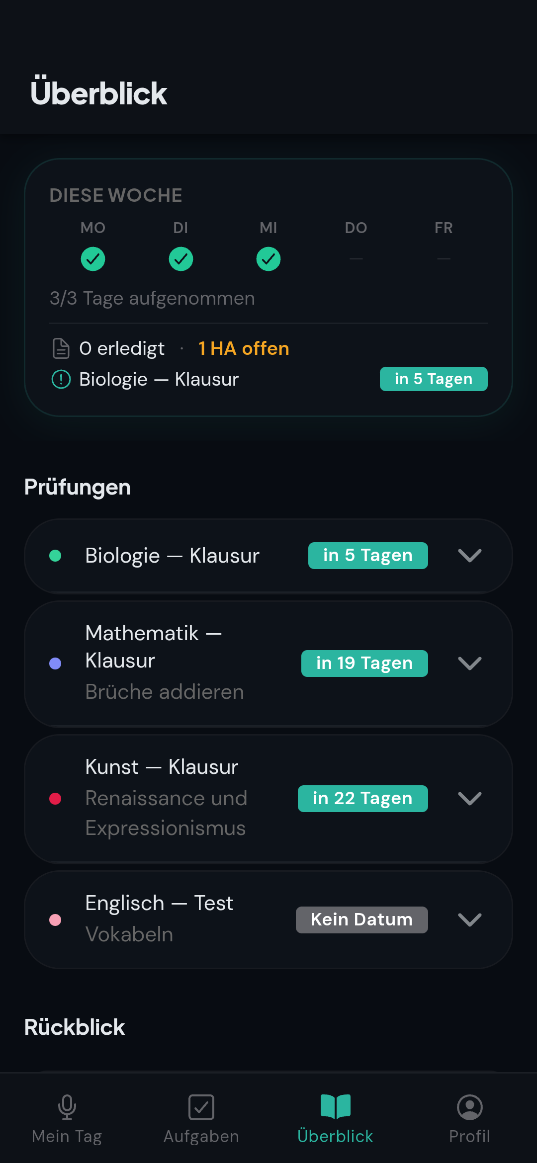 Prüfungsüberblick der memdiz App