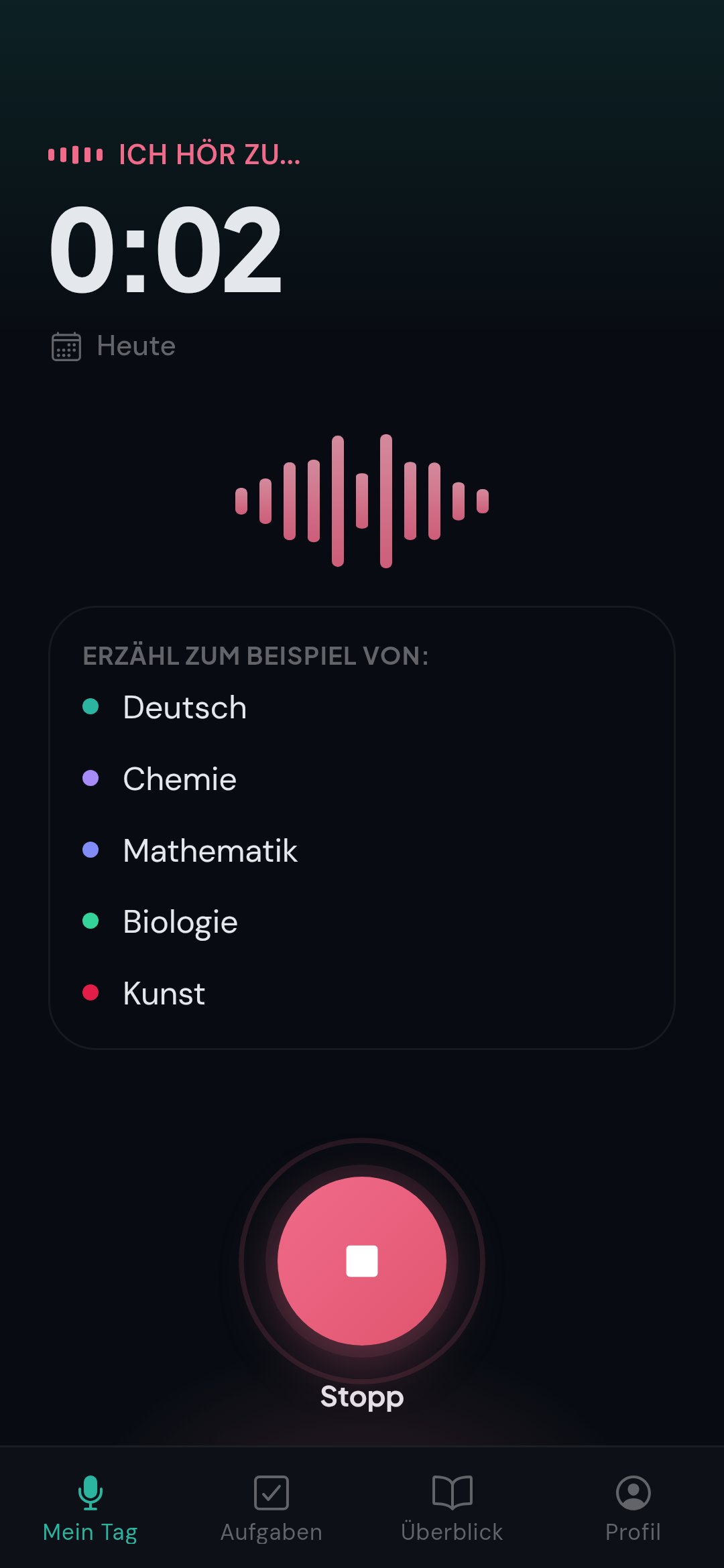 Echte memdiz App während einer aktiven Sprachaufnahme