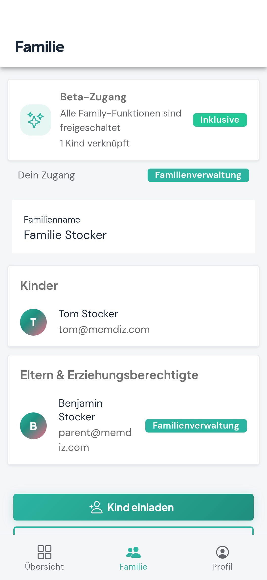 Echte Familienansicht in memdiz mit Elternteil und Kind